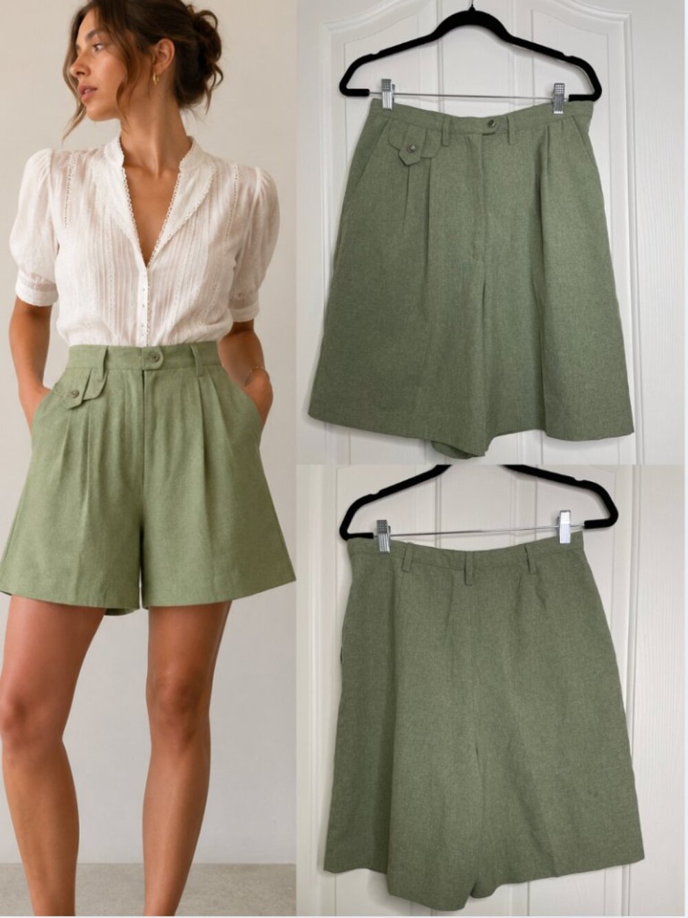Vintage High Waist Trouser Mom Shorts Sage Green